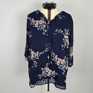 Bloomchic Blouse Women's 3X Indigo Floral Elbow Mesh Tab Sleeve Knot Neck NWT